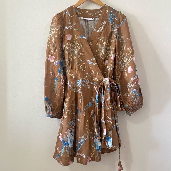 NWOT ZIMMERMANN 100% Linen Cassia Wrap Short Brown Floral Dress - Picture 4 of 9